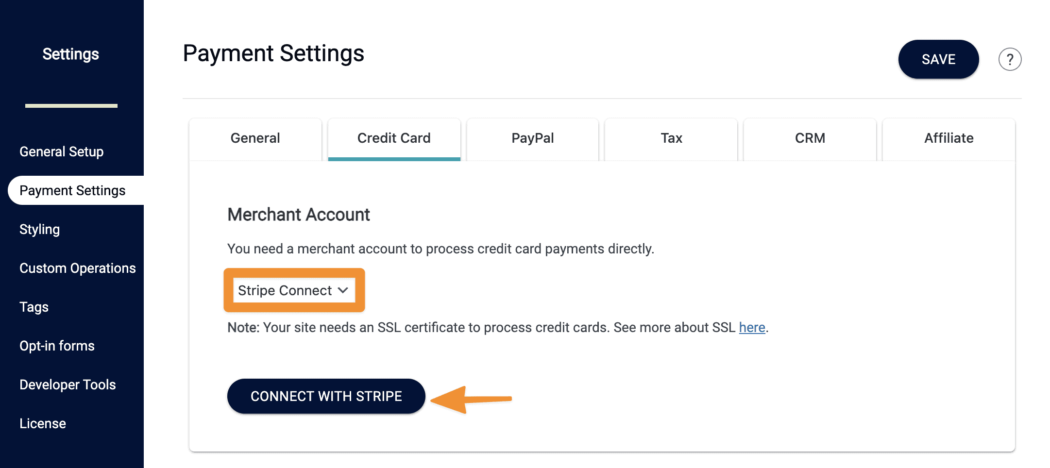 Screenshot of Payment settings for Stripe connect