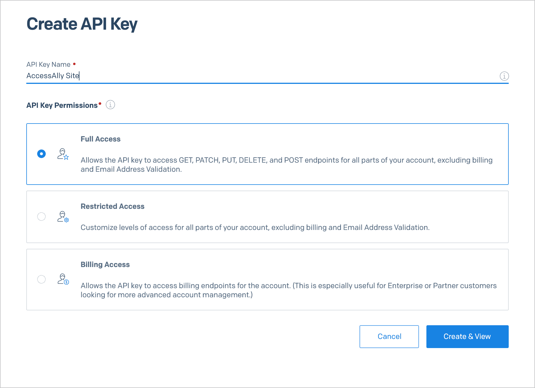Screenshot of API key settings