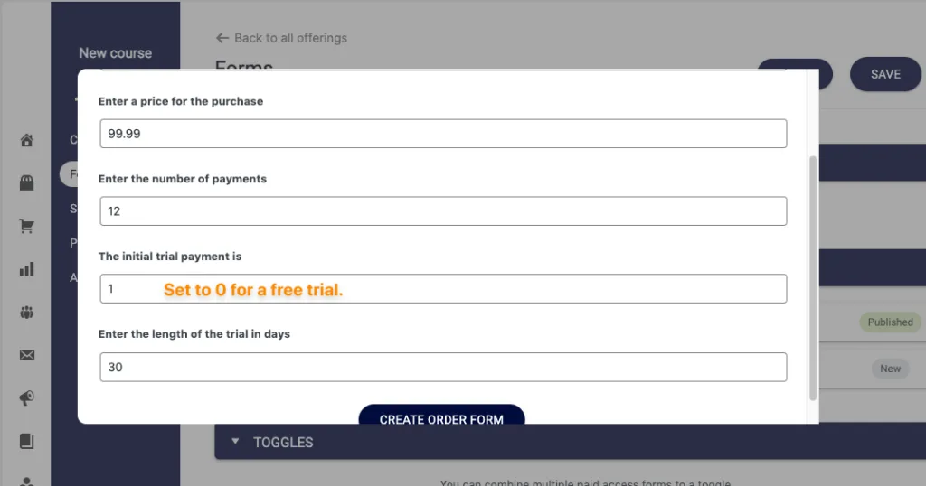 Trial Form Payment Plan Settings