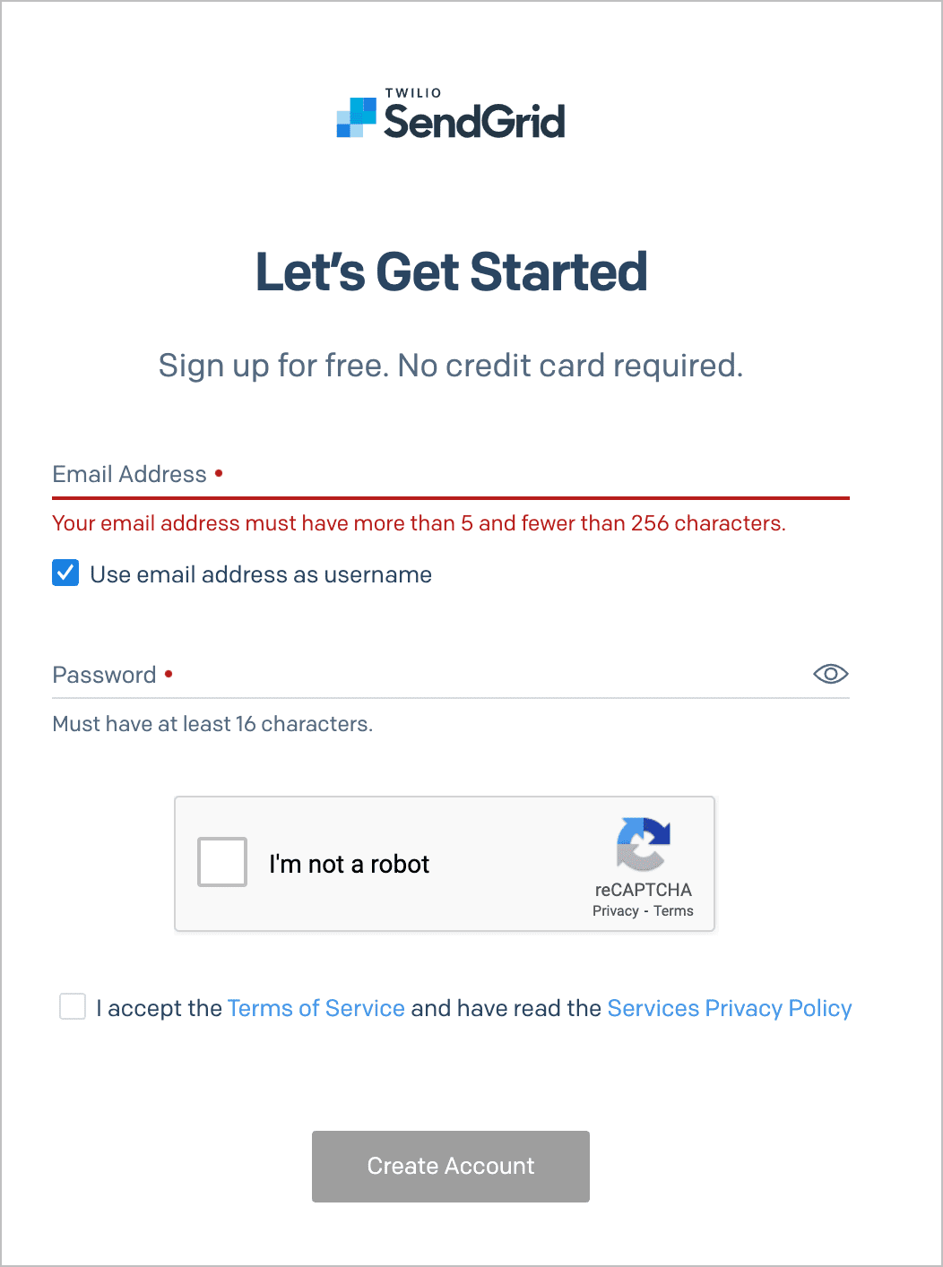 Screenshot of SendGrid sign up