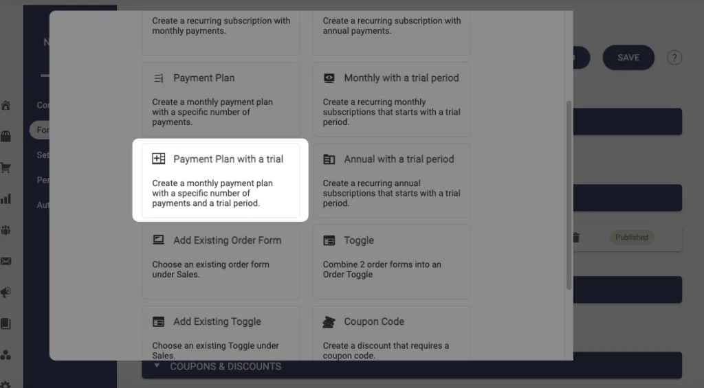 Screenshot of the Payment Plan with a Trial Option