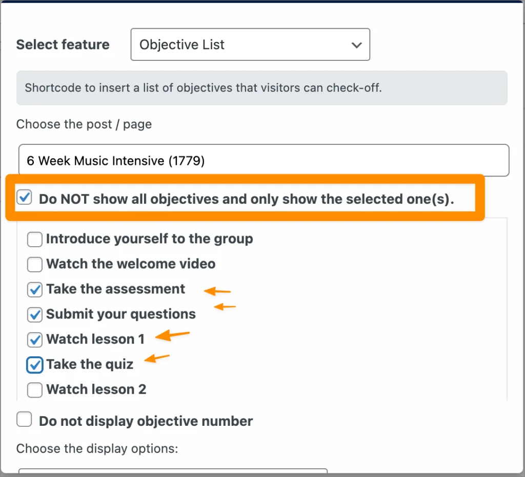 Screenshot of partial objective checklists