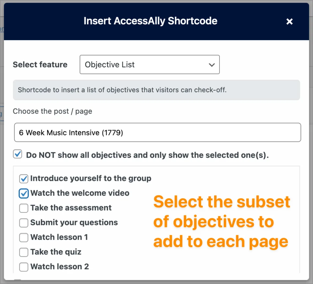 Screenshot of adding partial objective lists
