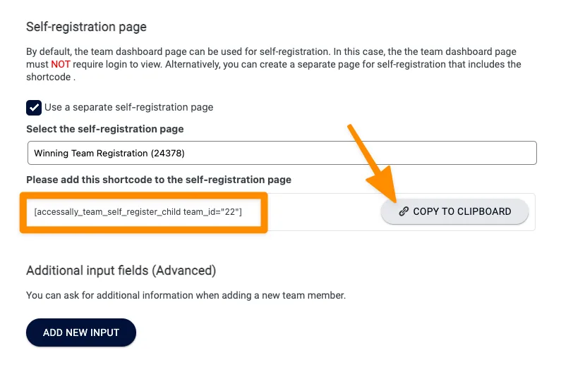 Display Team Member Self Registration Shortcode