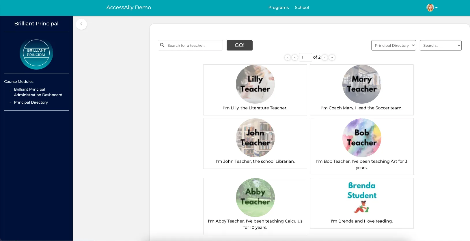 Principal Directory Front End View