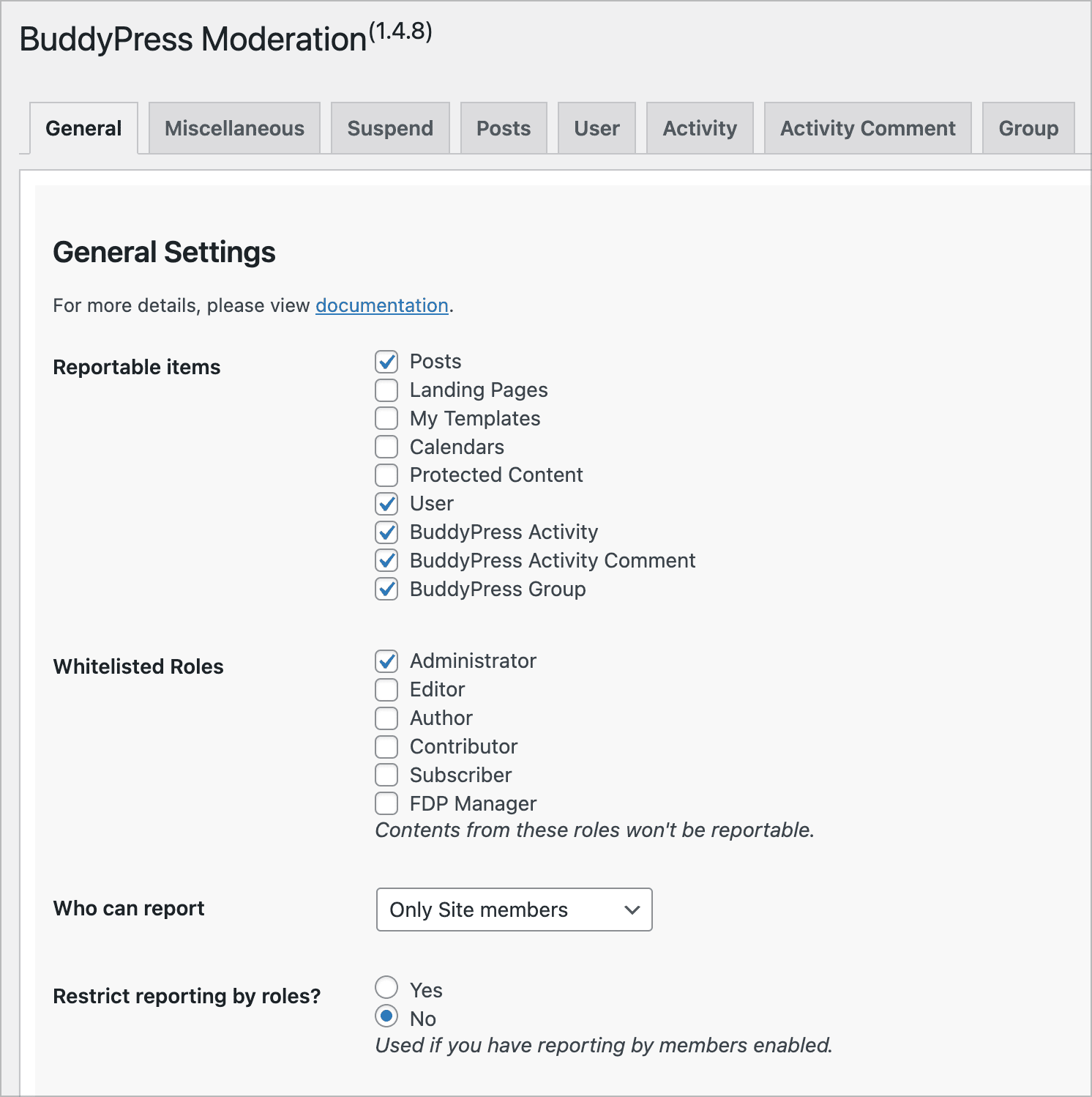 Screenshot of BuddyPress moderation settings