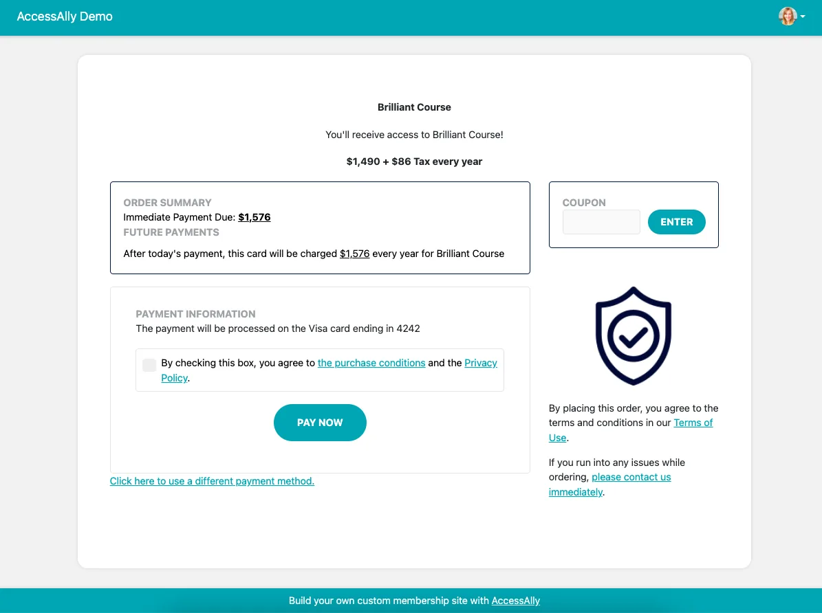 Order Form Displayed