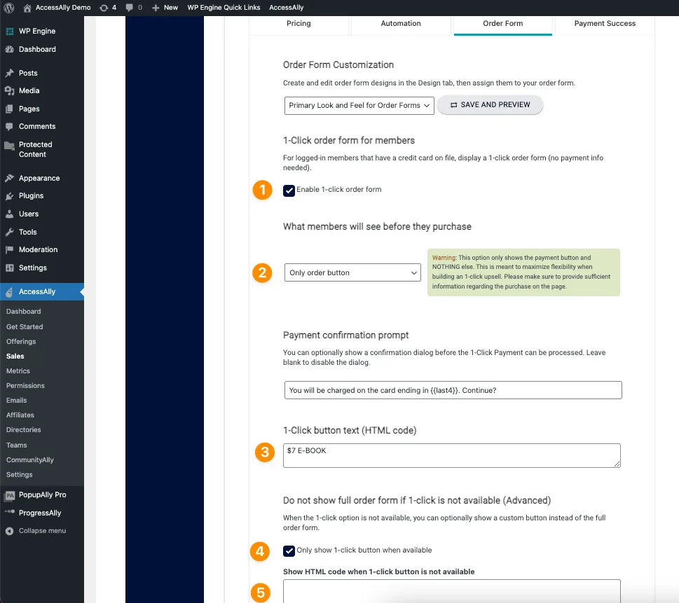 1-click order form settings