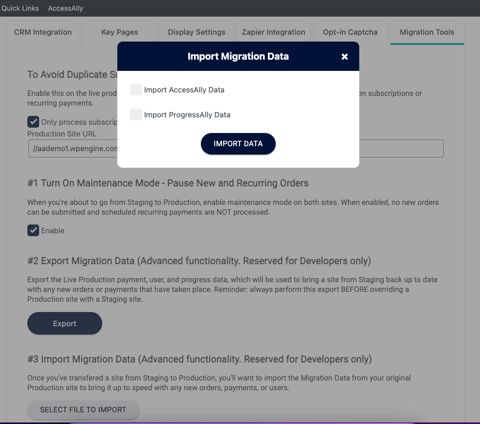 Import Migration Data Options