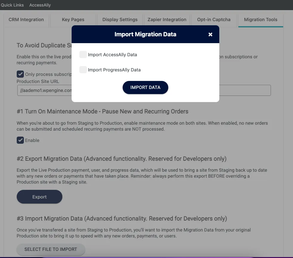 Import Migration Data Options