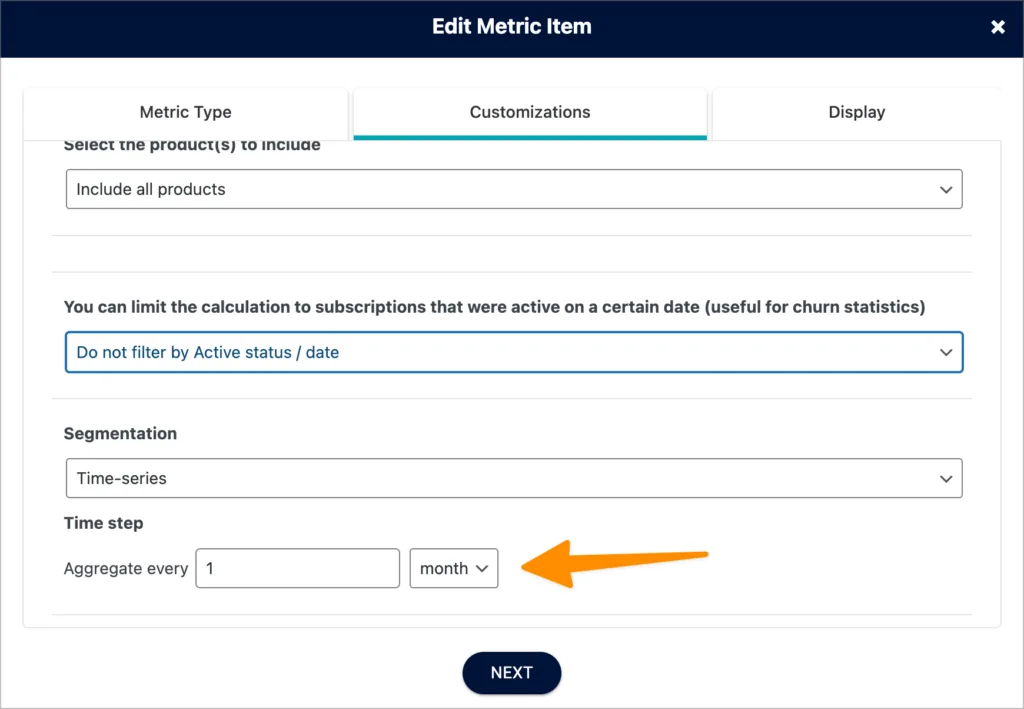 Screenshot of the time series option in Metrics