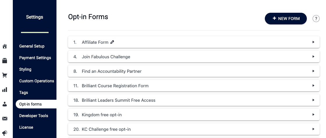 Settings Opt-in Forms Tab