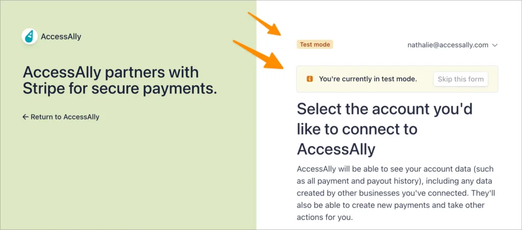 Screenshot of Stripe test mode