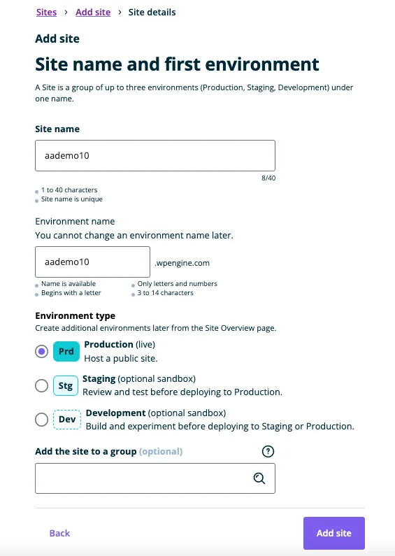 WPEngine Add site step 2
