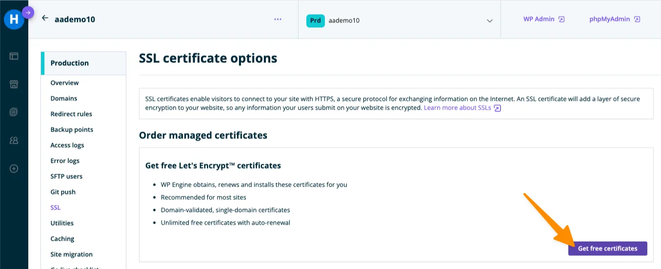 WPEngine Get free certificates