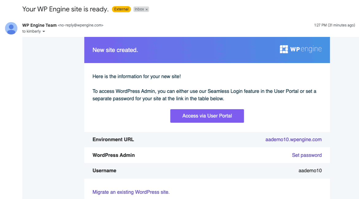 WPEngine Site Ready Email
