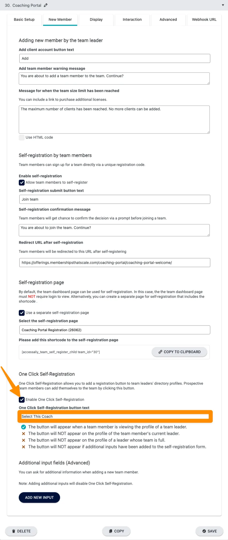 Add One Click Self Registration Button to Team