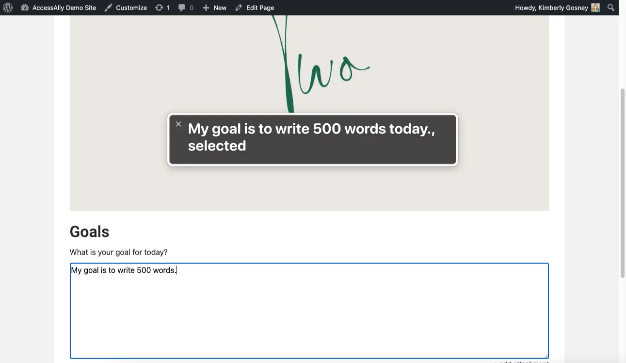 Example screen reader private note