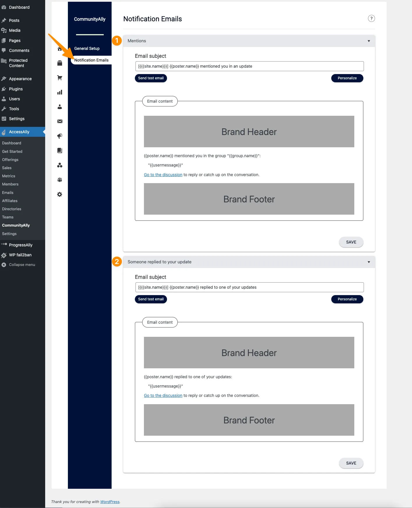 CommunityAlly Notification Emails Tab