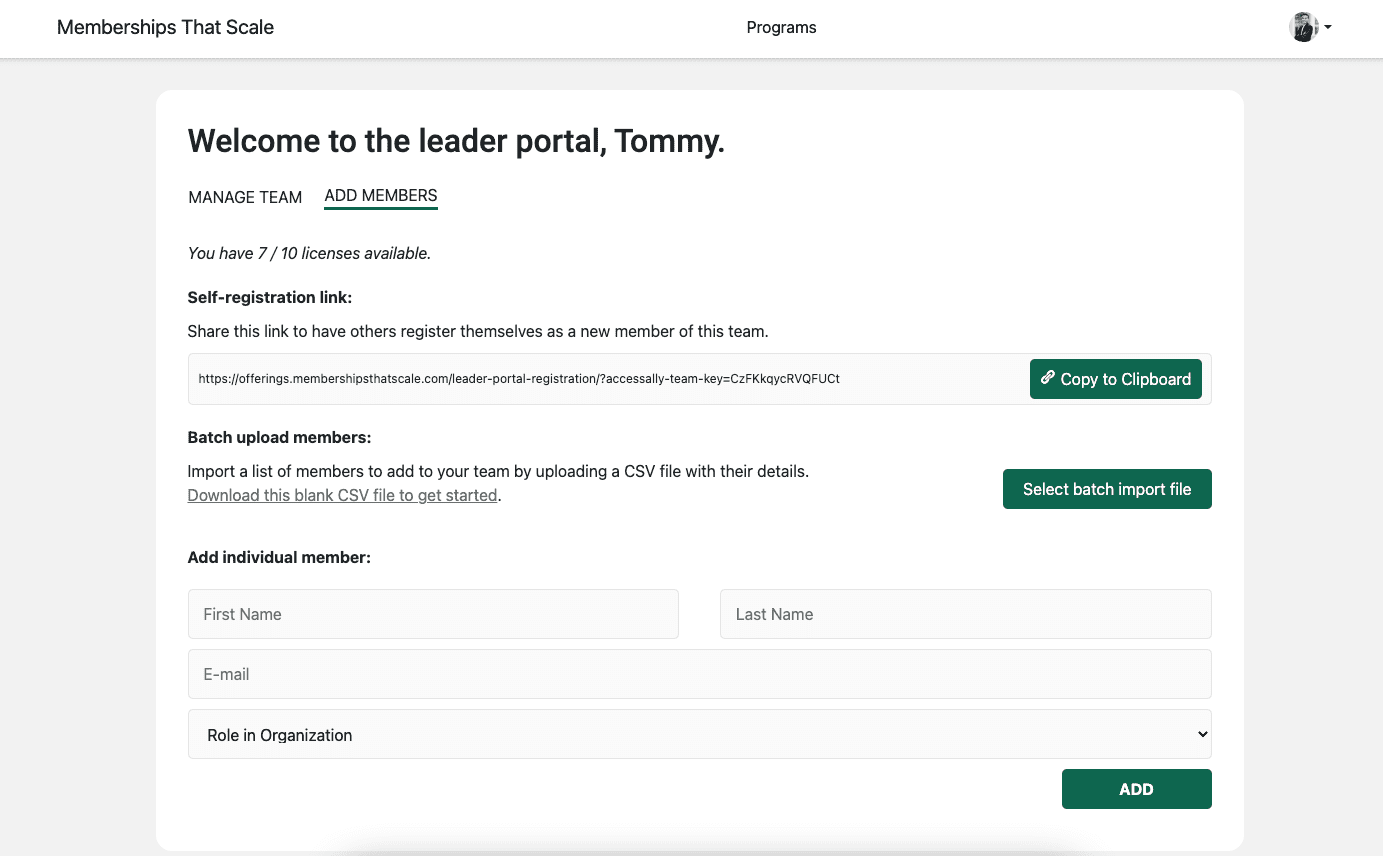 Front End Add Members Tab