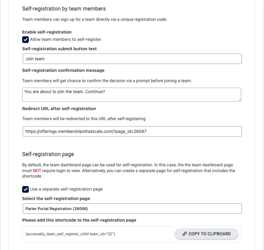 Self Registration Settings