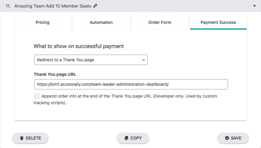 Thank you page option.