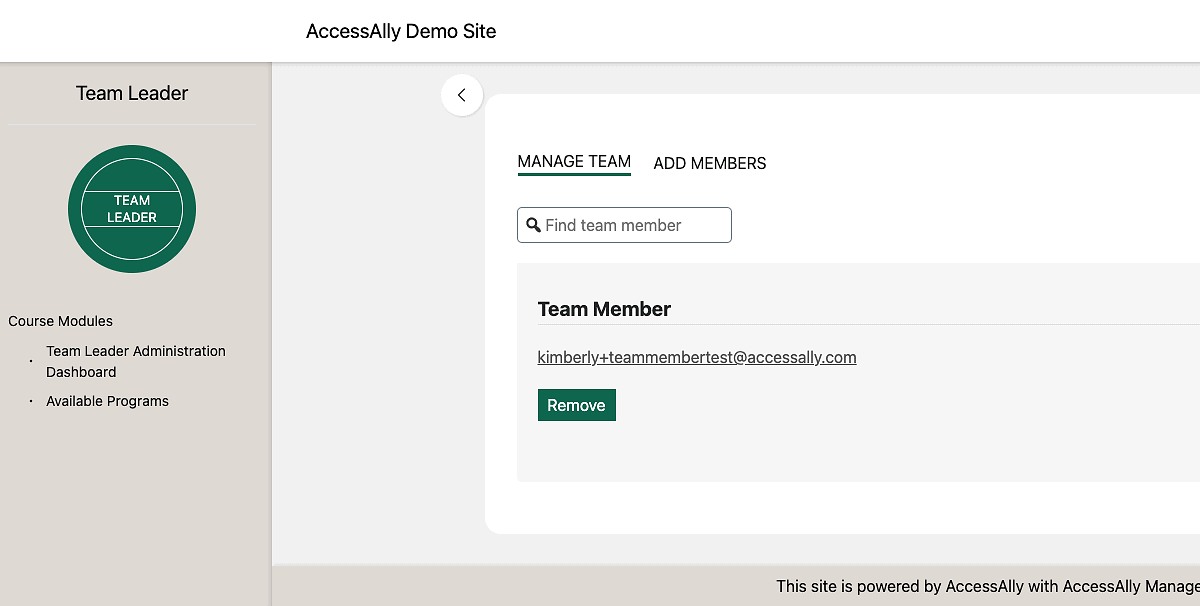Manage Team tab