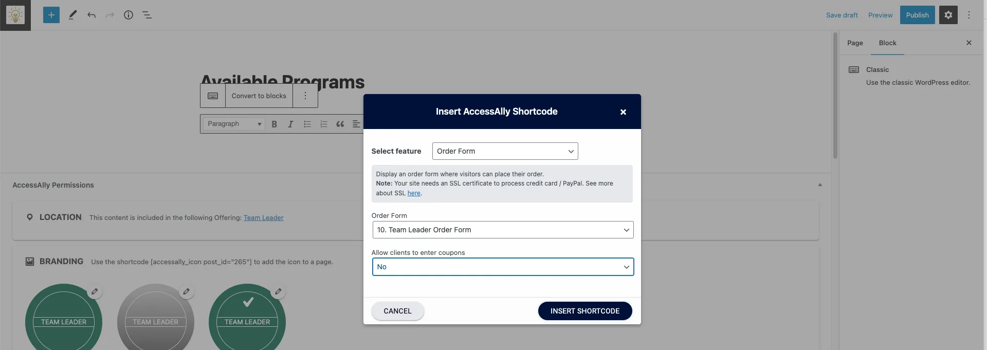 Order Form Shortcode