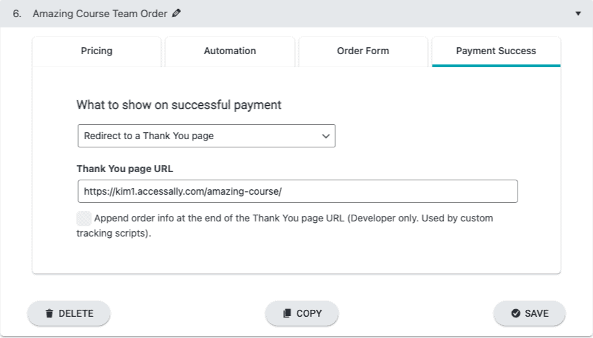 Team Order Form Payment Success