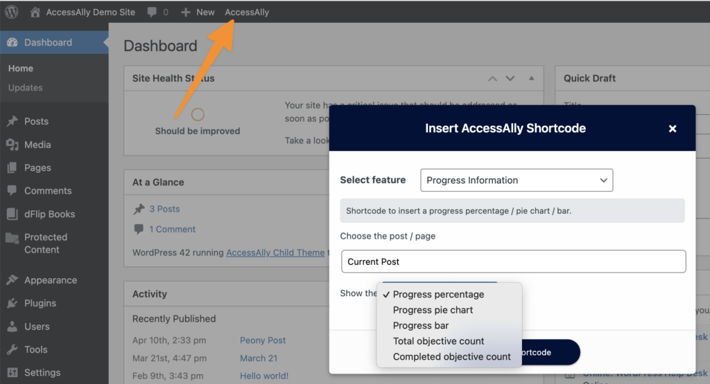 AccessAlly Shortcode Generator Options