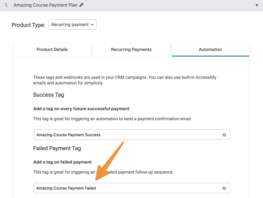 Failed Payment Tag Product Setup