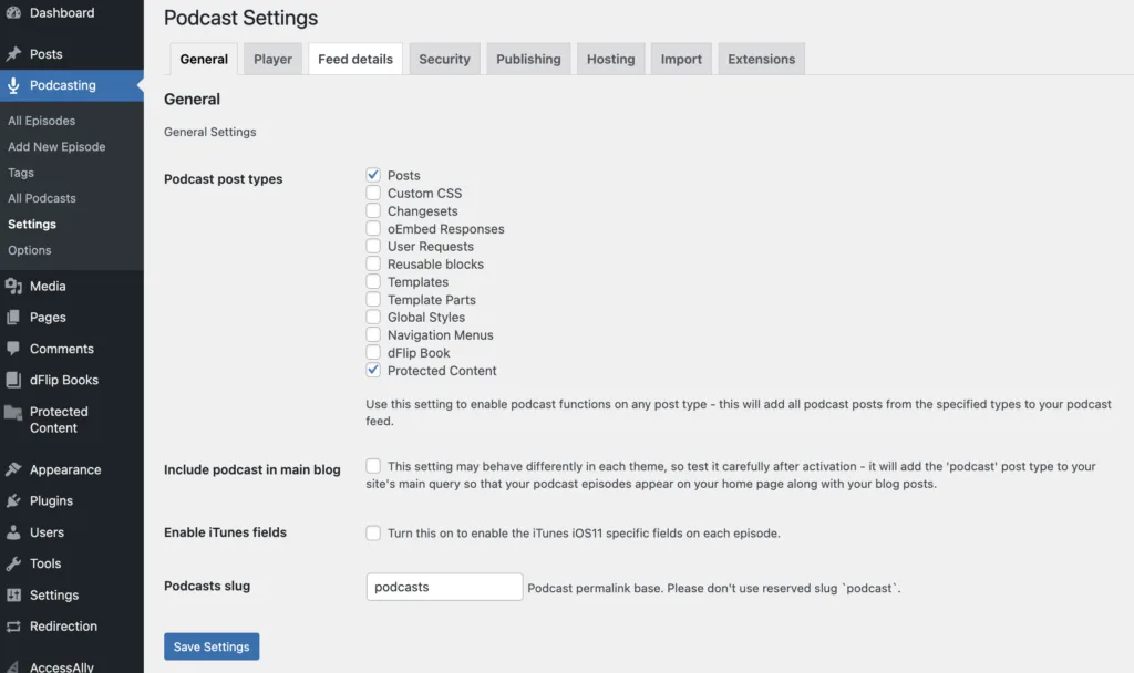General Settings Podcasting plugin