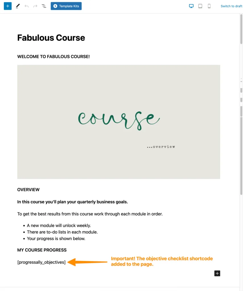 Progress shortcode added to page