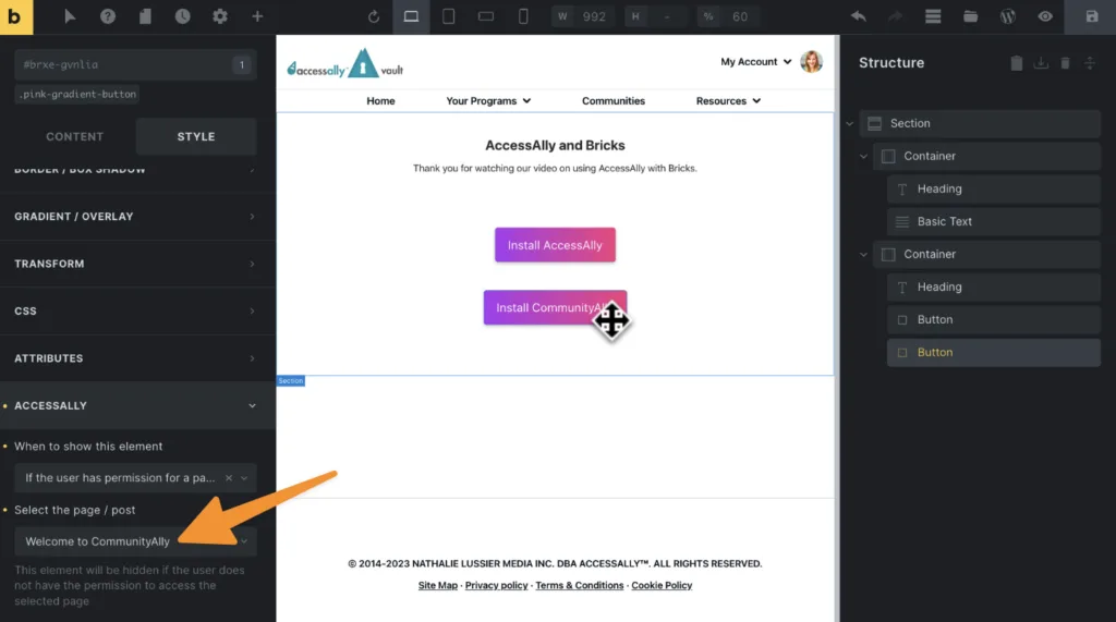 AccessAlly Bricks Select Page