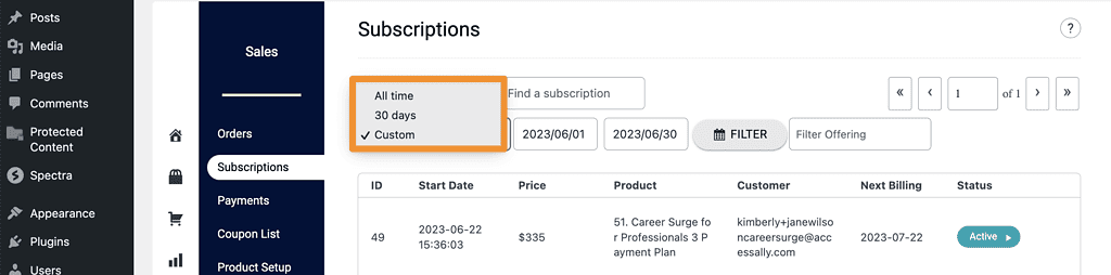 Filter Subscriptions by Dates