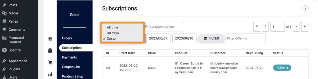 Filter Subscriptions by Dates