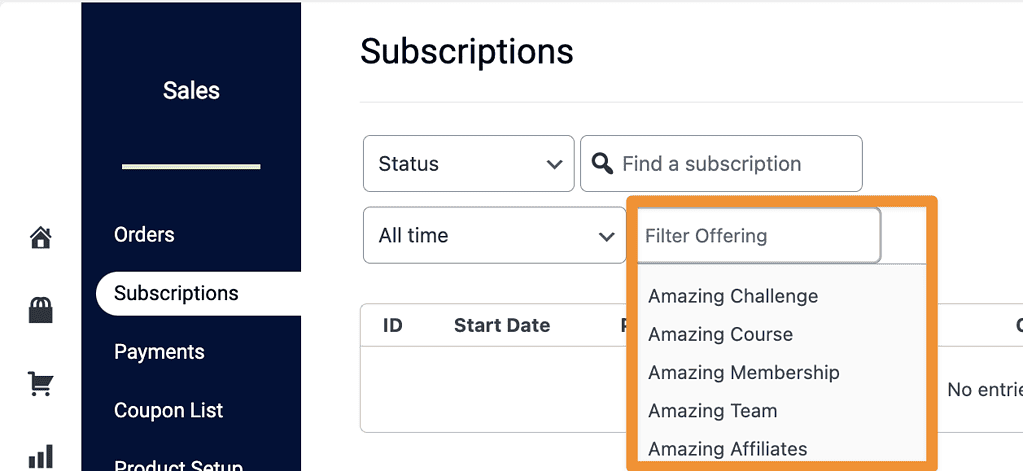Filter Subscriptions by Offering