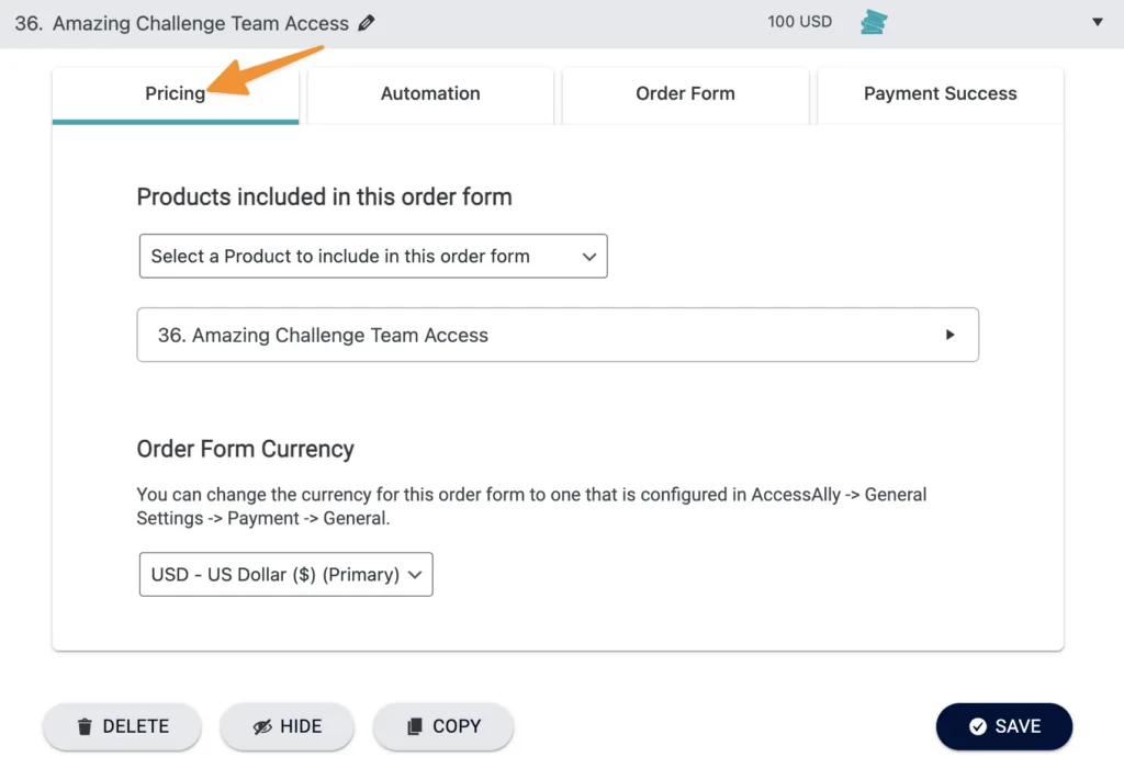 Order Form Pricing Tab