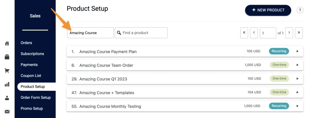 Product Setup Filter