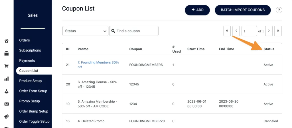 Coupon List Status