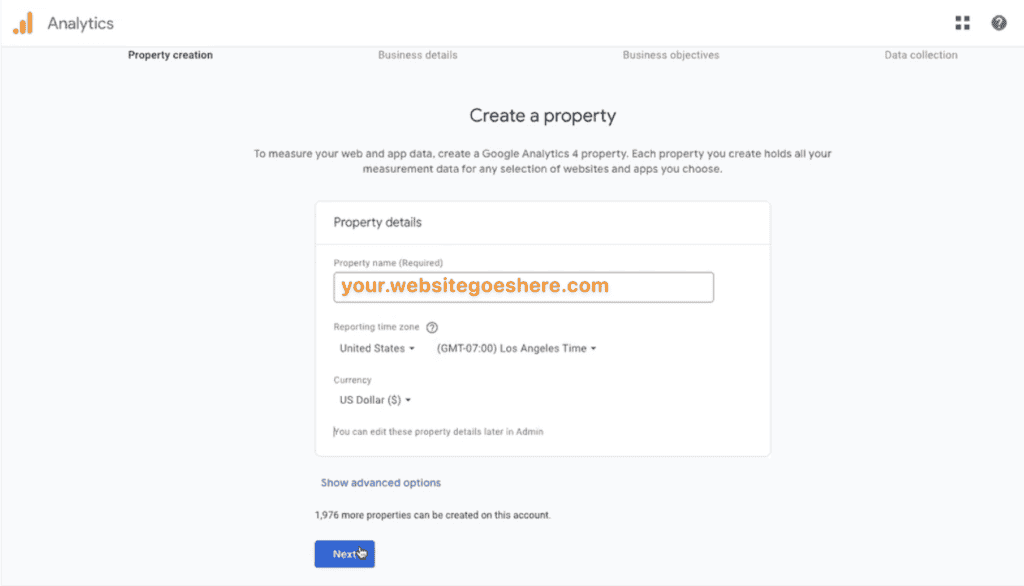 Create a Property in Google Analytics