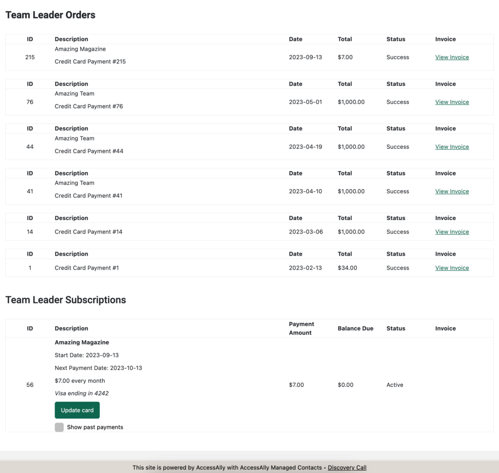 Team Member view of Team Leader Invoices