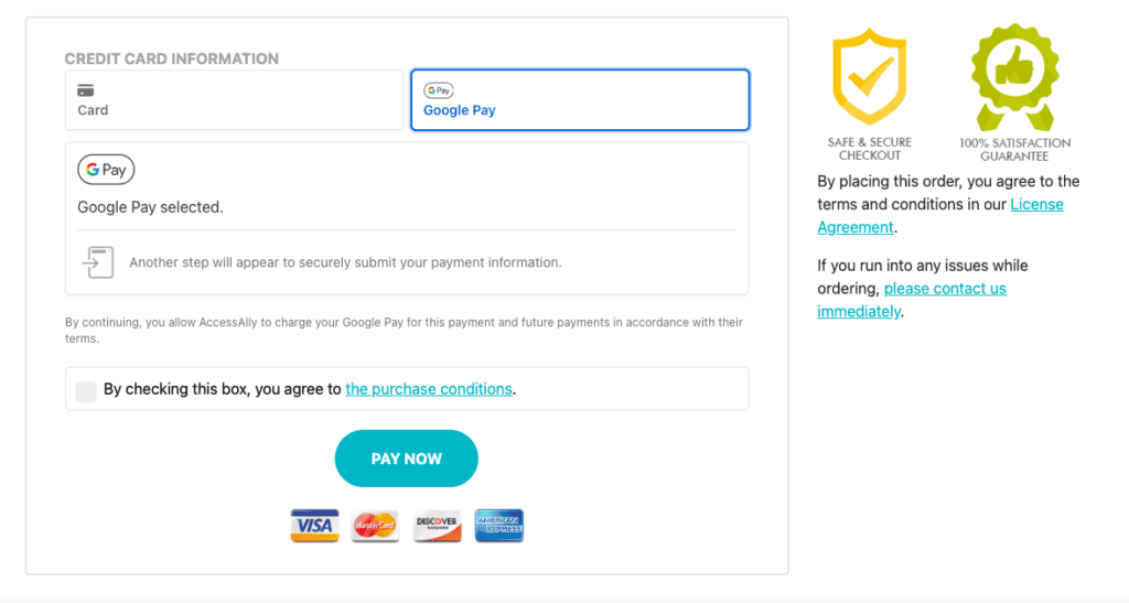 Google Pay Order Form view in AccessAlly
