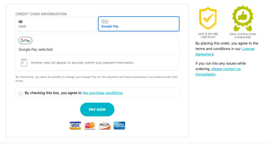 Google Pay Order Form view in AccessAlly