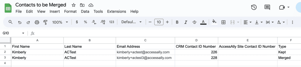 Merge Contacts Spreadsheet in AccessAlly