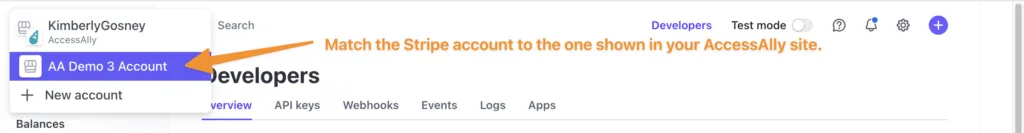 Select Stripe Account in AccessAlly