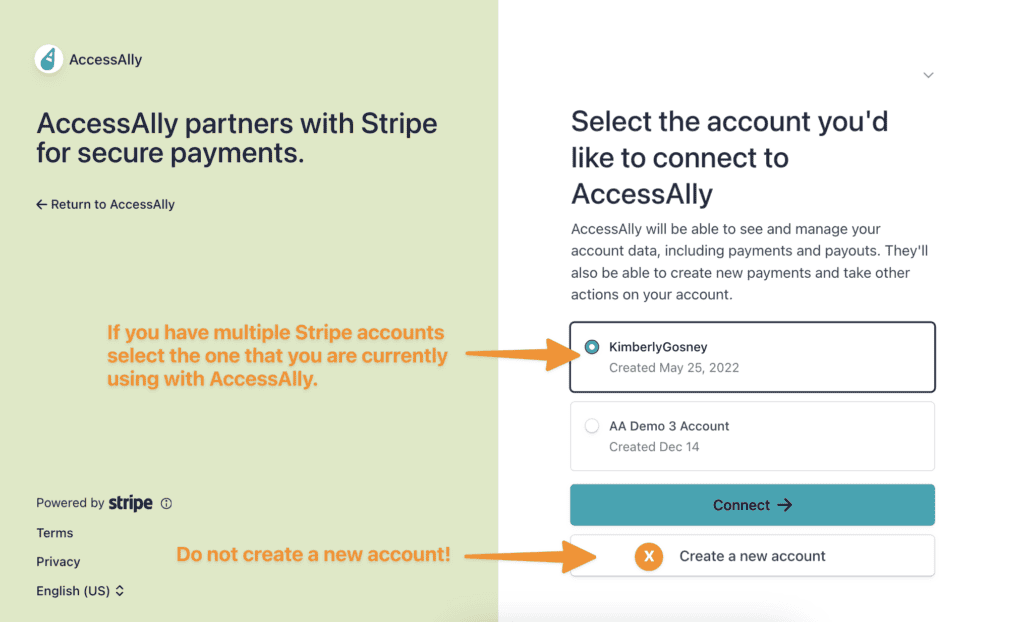 Stripe Connect Accounts in AccessAlly