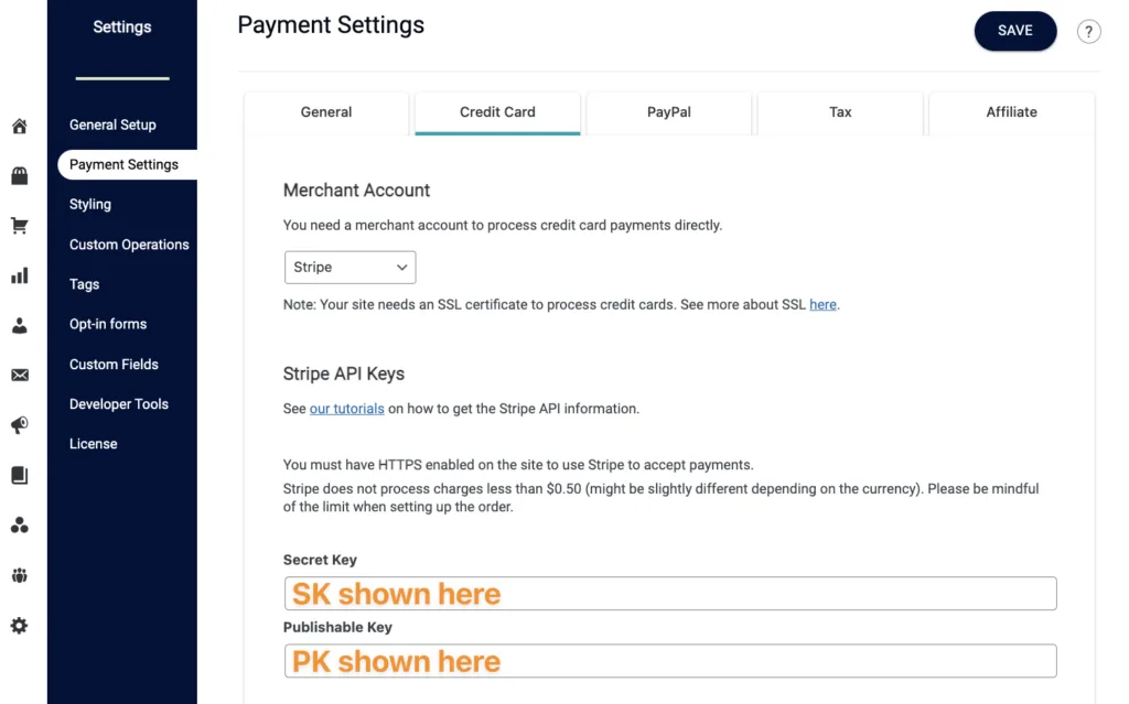 Stripe Keys API view in AccessAlly