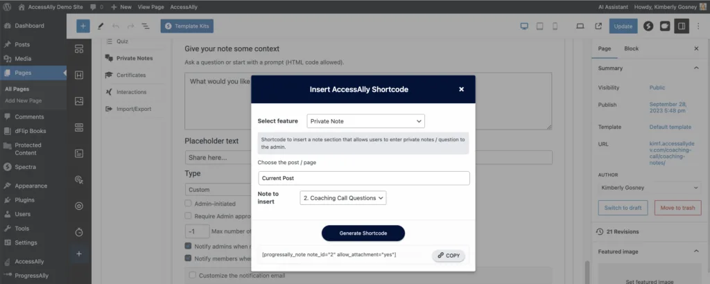 Coaching Call Questions Private Note in AccessAlly