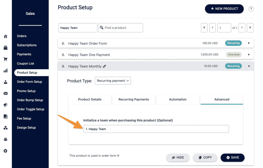 Initialize a Team Product Setup in AccessAlly